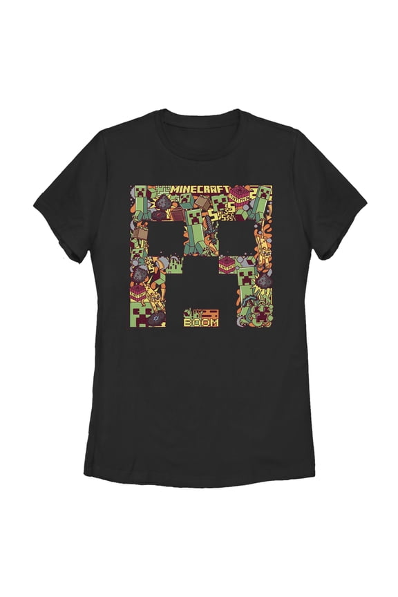 Women's Minecraft Creeper Collage  Graphic Tee Black X Large