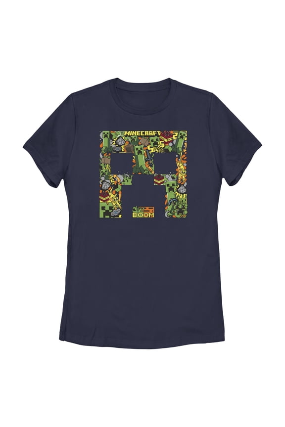 Women's Minecraft Creeper Face Collage Graphic Tee Navy Blue Medium