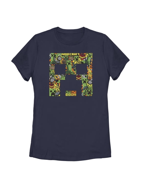 Women's Minecraft Creeper Face Collage Graphic Tee Navy Blue Small