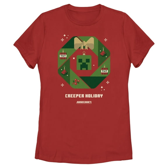 Women's Minecraft Creeper Holiday Wreath  Graphic Tee Red Small