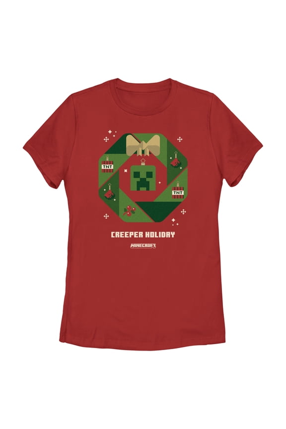 Women's Minecraft Creeper Holiday Wreath Graphic Tee Red Small
