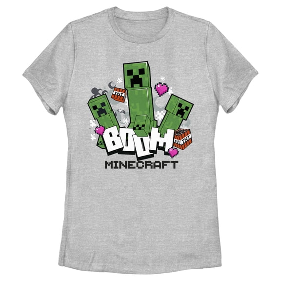 Women's Minecraft Creepers Boom Logo Graphic Tee Athletic Heather 2X Large