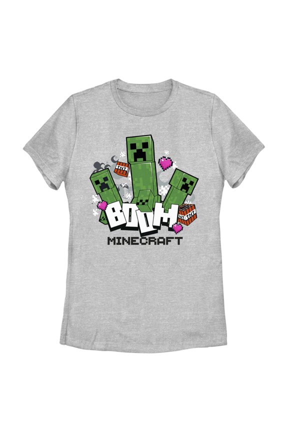Women's Minecraft Creepers Boom Logo Graphic Tee Athletic Heather 2X Large