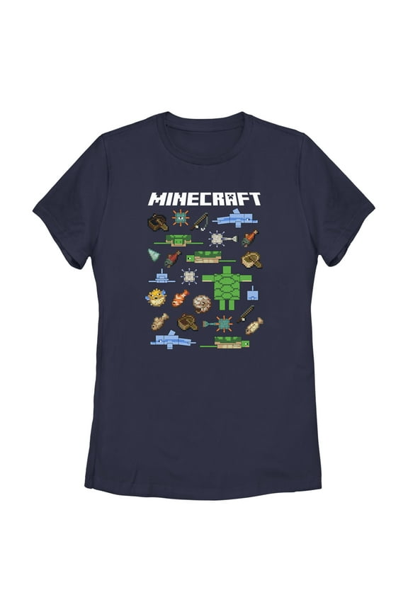 Women's Minecraft Fish and Mobs Graphic Tee Navy Blue Medium