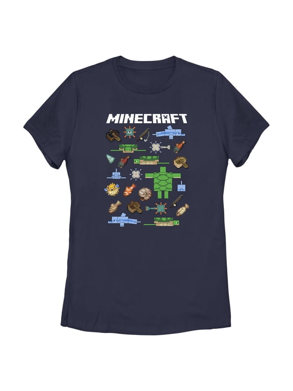 Women's Minecraft Fish and Mobs Graphic Tee Navy Blue Small