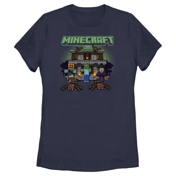 Women's Minecraft Halloween Creeper Haunted House Graphic Tee Navy Blue Small
