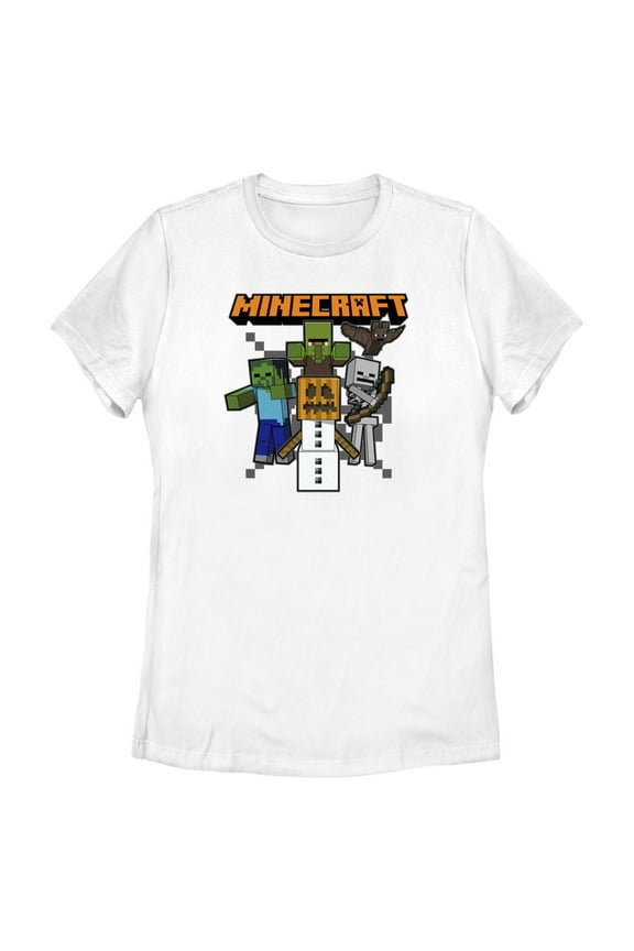 Women's Minecraft Halloween Creeper and Mobs Graphic Tee White 2X Large