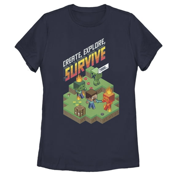 Women's Minecraft Steve Create Explore Survive Graphic Tee Navy Blue Medium
