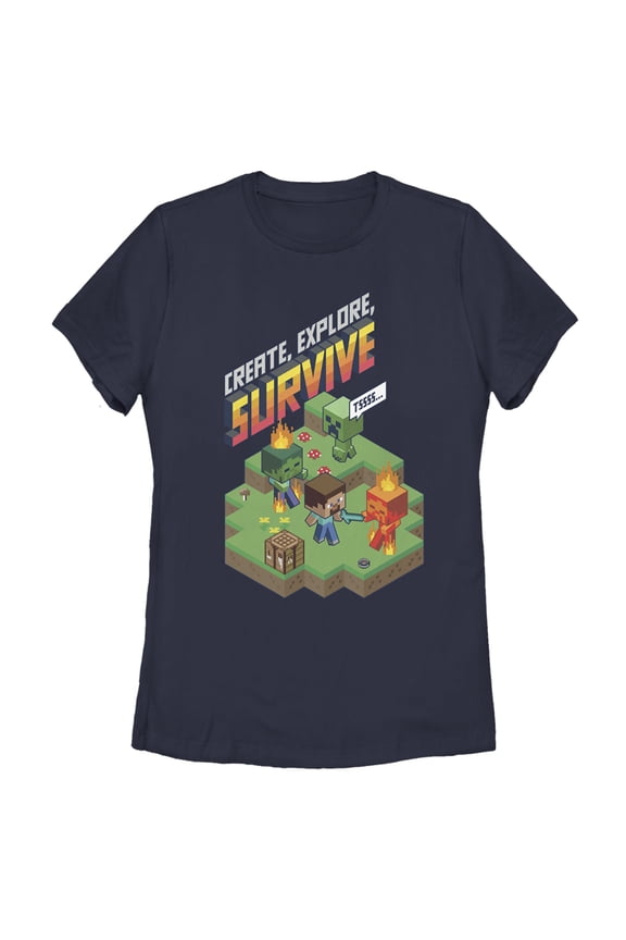 Women's Minecraft Steve Create Explore Survive Graphic Tee Navy Blue Small