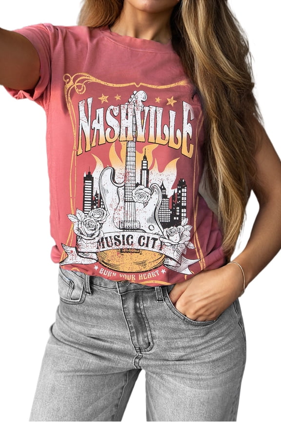 Women's Mineral Red Nashville Music City Graphic Retro Fashion Tee - [ZhiHiMeRi] | (US 16-18)XL