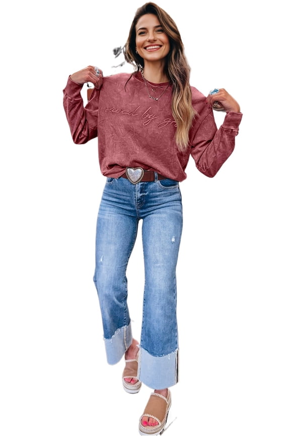 Women's Mineral Red Saved by Grace Sweatshirt – Loose Embroidery Design for Daily Casual Wear, S