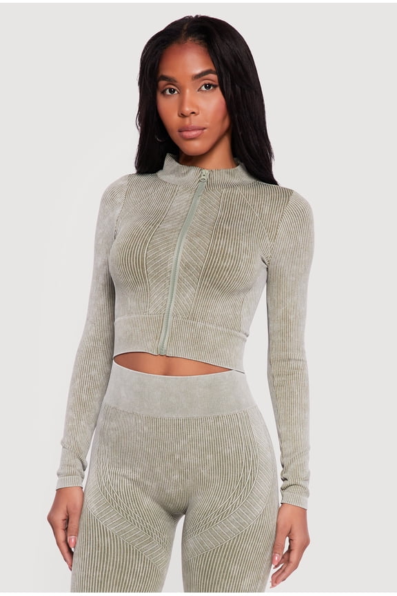 Women's Mineral Wash Ribbed Cropped Zip Front Active Jacket