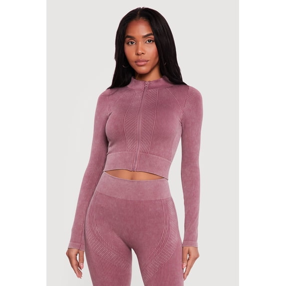 Women's Mineral Wash Ribbed Cropped Zip Front Active Jacket