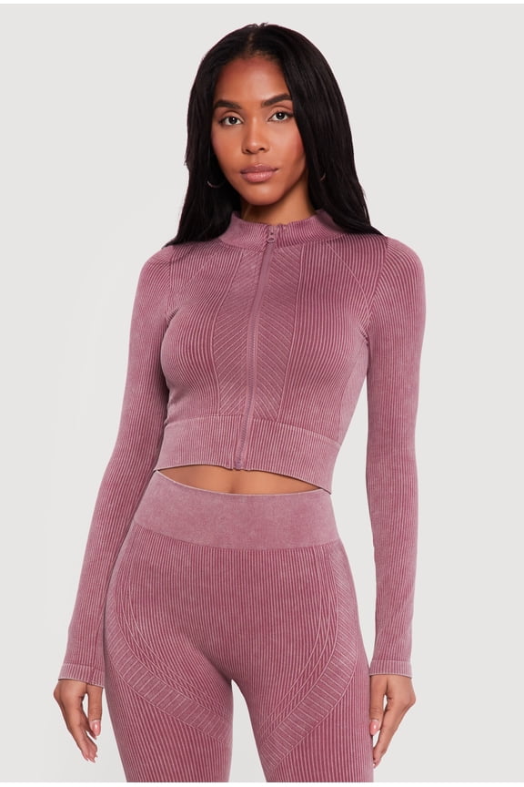 Women's Mineral Wash Ribbed Cropped Zip Front Active Jacket