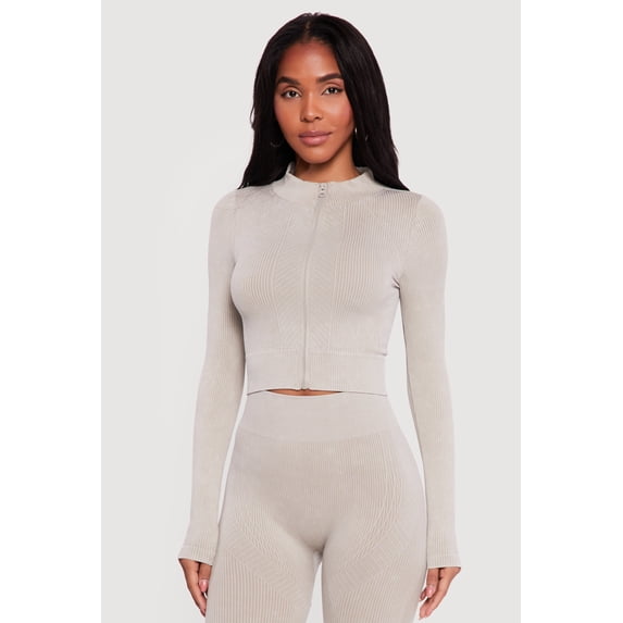 Women's Mineral Wash Ribbed Cropped Zip Front Active Jacket