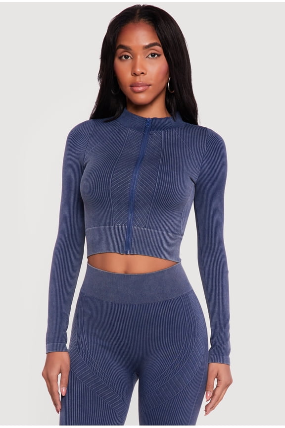 Women's Mineral Wash Ribbed Cropped Zip Front Active Jacket