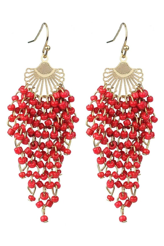 Women's Mini Bead Cluster Vine Dangle Pierced Earrings, Red/Gold-Tone