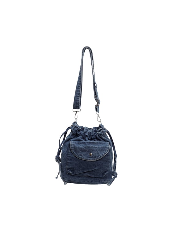 Women's Mini Denim Bucket Bag, Small Drawstring Crossbody Purse, Lightweight Y2K Preppy Shoulder Tote