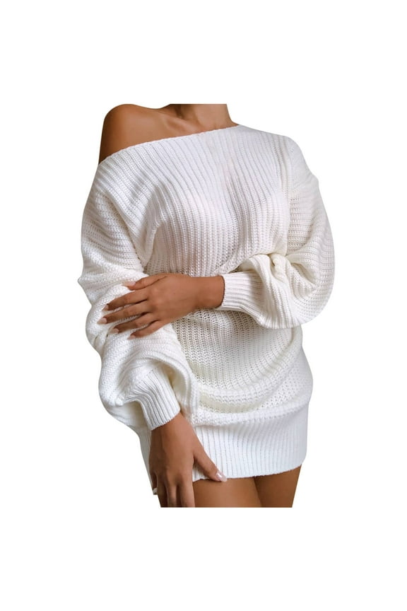 Women's Mini Dress Cable Knit Sweater Off One Shoulder Oversized Pullover Long Lantern Sleeve Jumper Short Dresses (L, White)