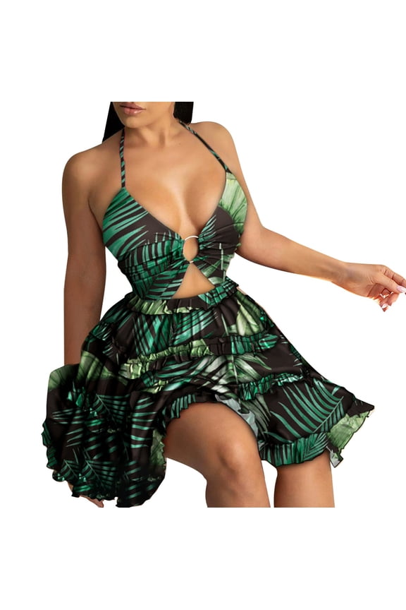 Women's Mini Dress Floral Cut Out Design Halter Dress Boho Style Bodycon for Summer Vacation Beach Party Going Out Dress