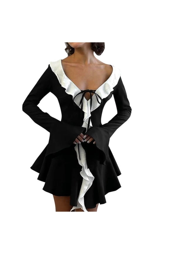 Women’s Mini Dress Sexy Deep V Neck Long Sleeve Ruffled Slim Fit Party Club Y2k Beach Dress