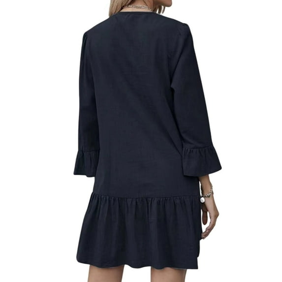 Women's Mini Dress Short Mini Dress Cottagecore Dress Bohemian Round Neck Long Sleeve Loose Knitted Dress Ruffle Dress Length Dress Navy L