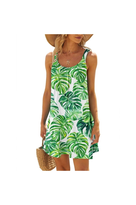 Women's Mini Dresses for Summer Floral Under $10 Round Neck Sleeveless Gradient Tie Dyed Beach Dress