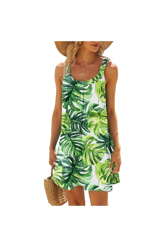 Women's Mini Dresses for Summer Floral Under $10 Round Neck Sleeveless Gradient Tie Dyed Beach Dress