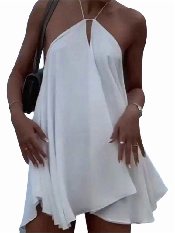 Women's Mini Halter Neck Sleeveless Tie Backless Swing Flowy Dresses Clothes Dress for Summer Beach White M
