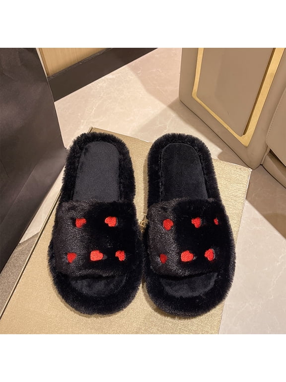 Women's Mini Heart Slippers Open Toe Fuzzy Plush Bedroom Shoes Warm Cozy Indoor Slip-on Soft Sole Anti-Slip Loungewear Embroidered Hearts Memory Foam Insole Lightweight House Shoes Ladies Black