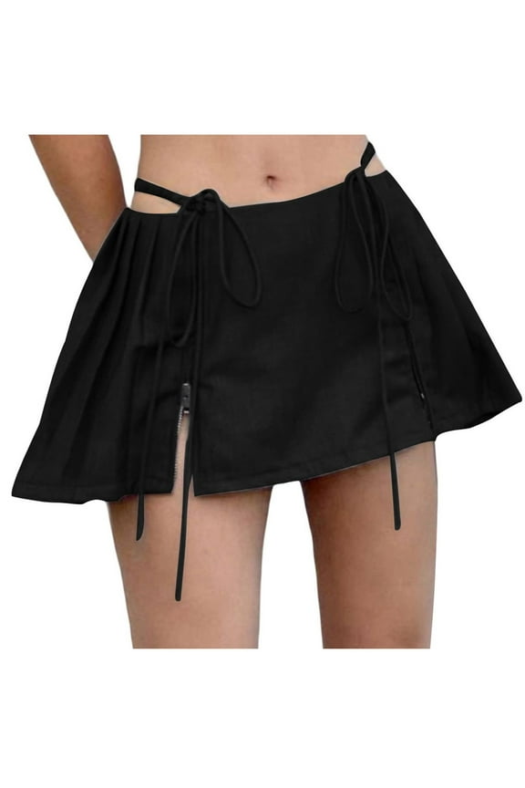 Women's Mini Pleated Skirts Split Short Skirt Low Waist Pleated Skirt A-line Tennis Skater Skirt Black M