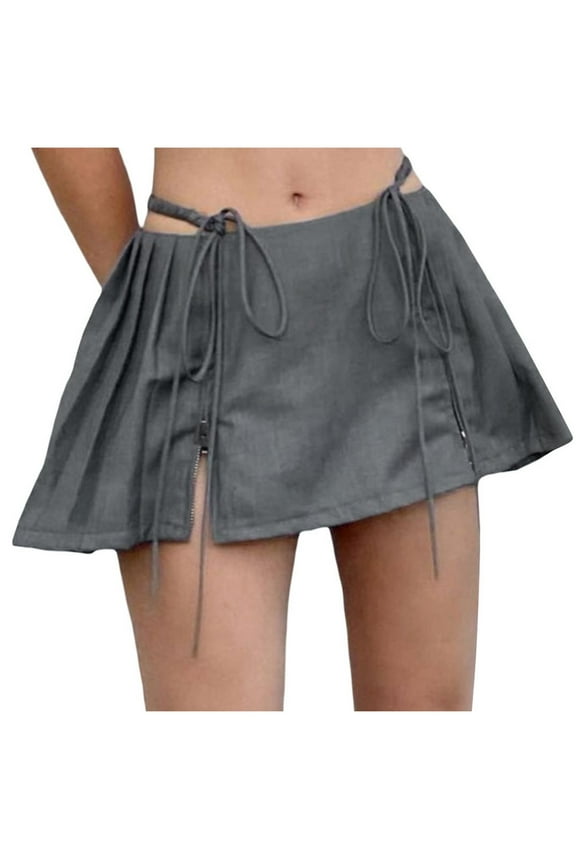 Women's Mini Pleated Skirts Split Short Skirt Low Waist Pleated Skirt A-line Tennis Skater Skirt Gray L