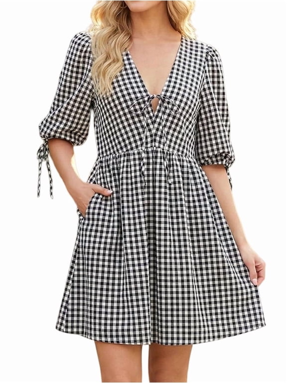 Women's Mini Puff Sleeve Gingham Tie Front Babydoll Dress for Daily Wear Black XL