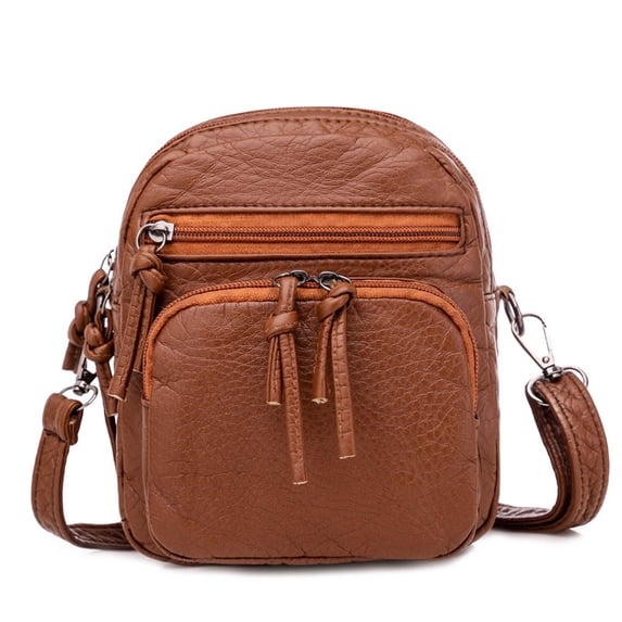 Washed Leather Multi-Compartment Women Mini Shoulder Crossbody Bag, USB Port Large Screen Cell Phone Coin Purse, Adjustable Removable Strap Vintage Casual Daily Shopping Travel Handbag