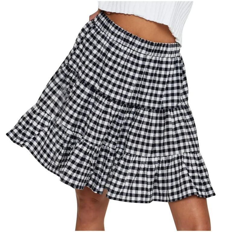 Women s Mini Skirt Elastic Waist Plaid Ruffle Tiered Boho Skirt Casual Summer A Line Flowy Vacation Beach Short Skirt Walmart