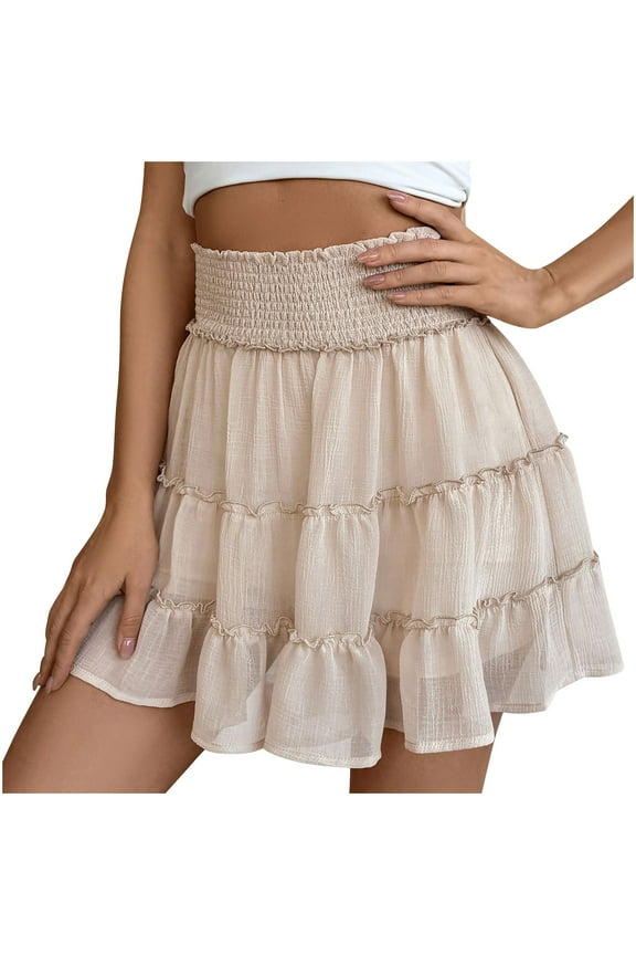 Women's Mini Skirt Layered Ruffled Hem Pleated Skirts Casual Vacation Style Pleated Leaf Skirt Solid Color Elastic Waist Slip Skirt Anti-Exposure Shorts