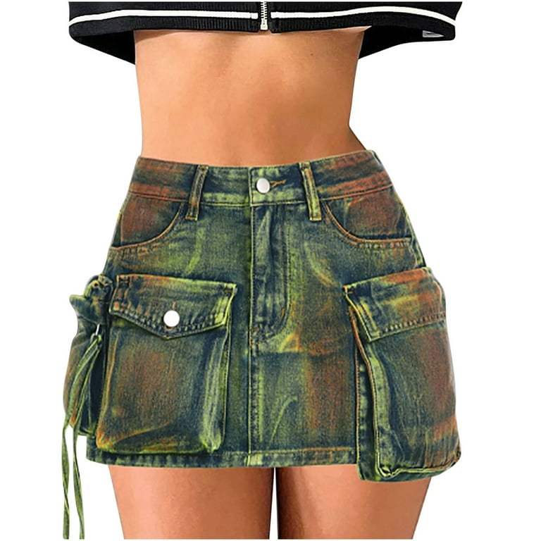 ミニスカート Patch-pockets Mini Denim Skirt Women's Mini Skirt Patchwork Irregular Zippered Slim Fitting