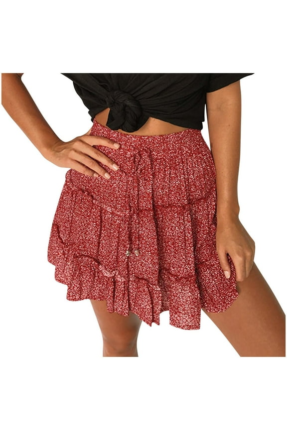 Women's Mini Skirt Summer Floral Print High Waist Pleated Ruffle Hem A-line Short Skirt Layered Ruffle Hem Boho Mini Skirt Smocked A Line Pleated Beach Short Skirt Red L