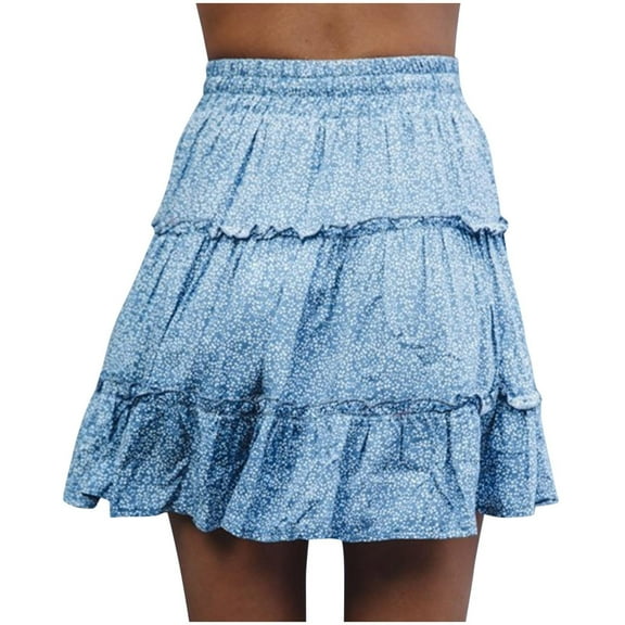 Mrat Floral Skirt Women's High Waisted Ruffled Floral Skirt with Floral Print A-Line Short Skirt Plus Size Skirts for Curvy Women S-101 Sky Blue M