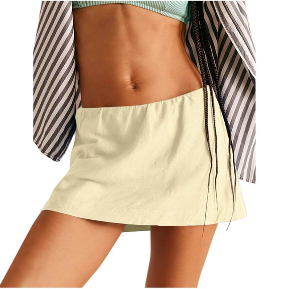 Women's Mini Skirt Summer Mid-Waisted Soild Stretchy Mini Skirt Beige