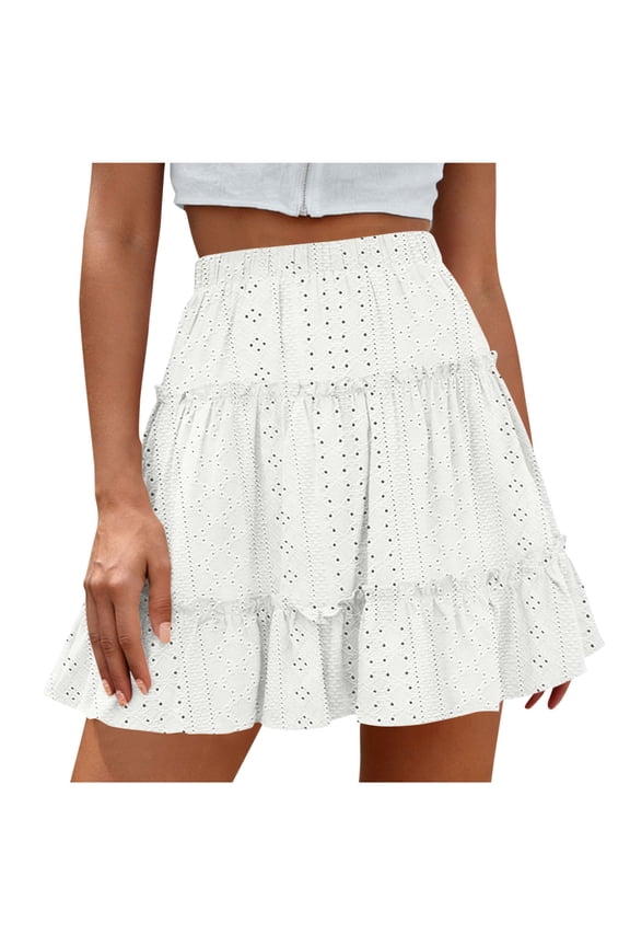 Women's Mini Skirt Sweet Elastic High Waist Pleated Tiered A-Line Short Skirt (with Lining) Court Style Skirt White L