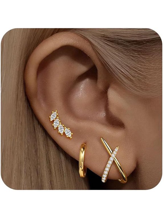 Women's Mini Silver Plating Earring Set, Hypoallergenic 14K Gold Plated Earrings, Stackable, Suitable for Multiple Ear Piercings, Delicate, Cute, Mini, Lightweight Cartilage Studs