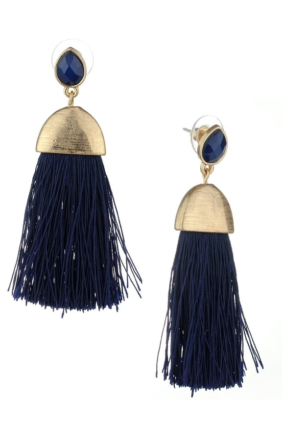 Women's Mini Teardrop Brass Look Cap Thread Tassel Dangle Pierced Earrings, Navy