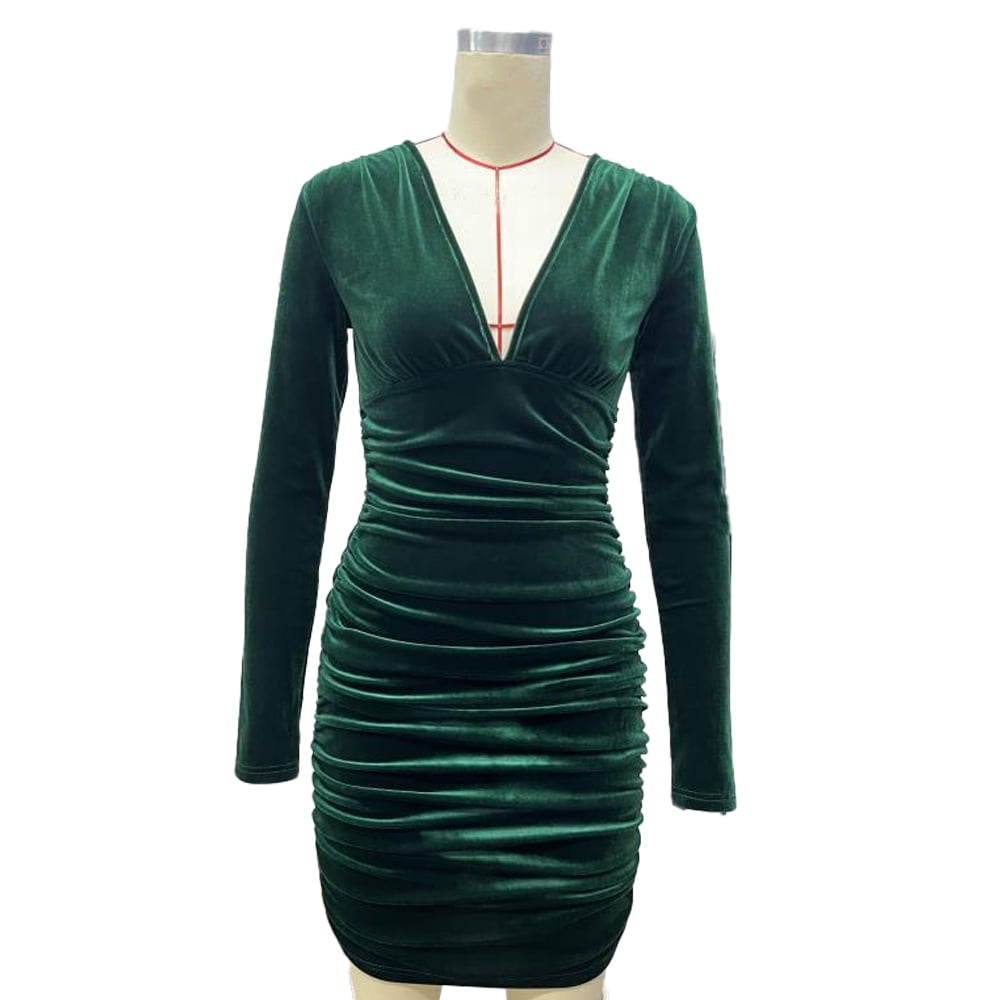 Women's Mini Wrap Dress V Neck Long Sleeve Velvet Bodycon Glitter