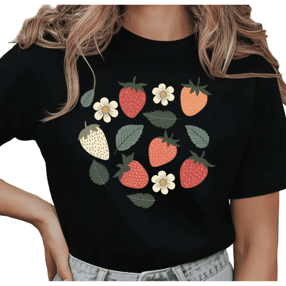 Women's Minimalist Boho Strawberry Daisy Floral Pattern Summer Fruit Graphic Casual T Shirt Short Sleeve Round Neck Top Black S-5XL