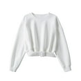 thumbnail image 1 of Women's Minimalist Cropped Sweatshirt - Round Neck Long Sleeve Button Waist Cinching, Loose Fit Casual Outfit Top For Winter,Size:L, 1 of 4