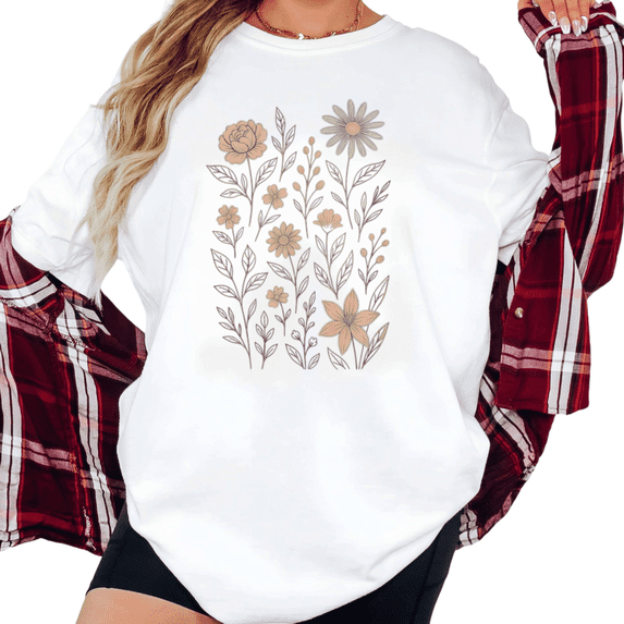 Women's Minimalist Line Art Wildflower Bouquet With Peony Daisy Botanical Floral Art Graphic T Shirt Short Sleeve Round Neck Top White S-5XL