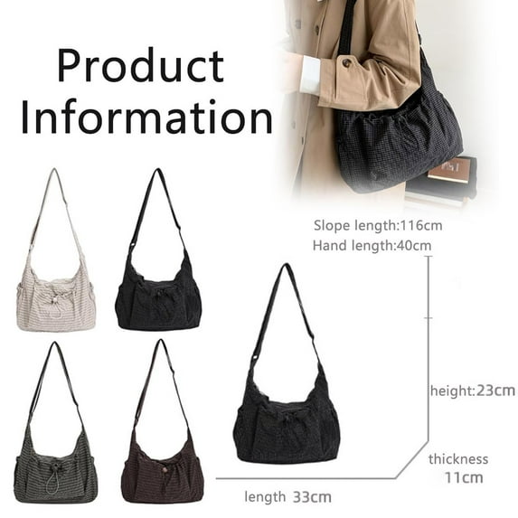 Women's Minimalist Plaid Nylon Drawstring Large Capacity Messenger Purse Japanese-style Crossbody Shoulder Bag For Daily Commute Travel