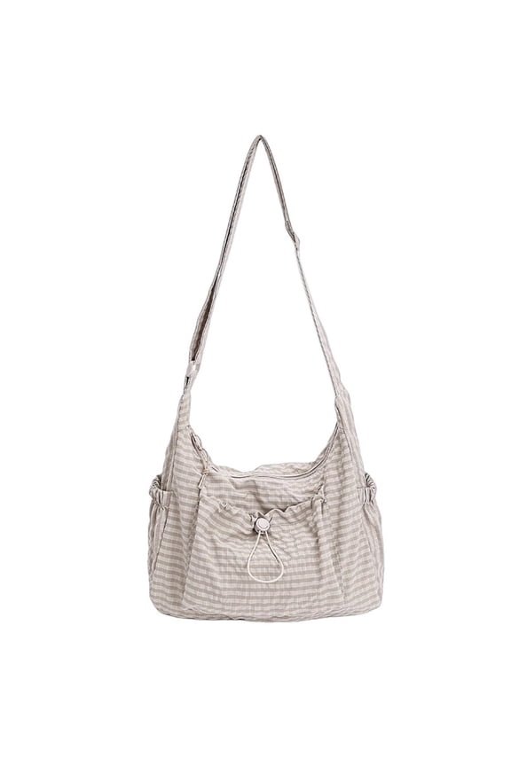 Women's Minimalist Plaid Nylon Drawstring Large Capacity Messenger Purse Japanese-style Crossbody Shoulder Bag For Daily Commute Travel