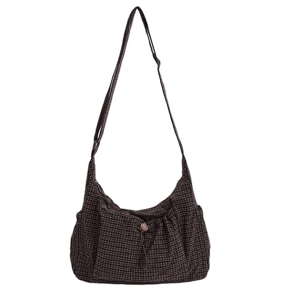 Women's Minimalist Plaid Nylon Drawstring Large Capacity Messenger Purse Japanese-style Crossbody Shoulder Bag For Daily Commute Travel